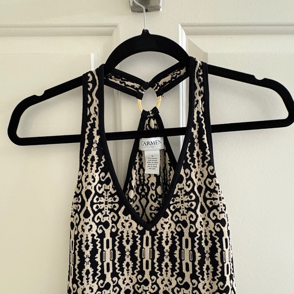 Black & Beige Printed Halter Tank Top w/ Gold Ring Detail – Size S - Picture 3 of 3